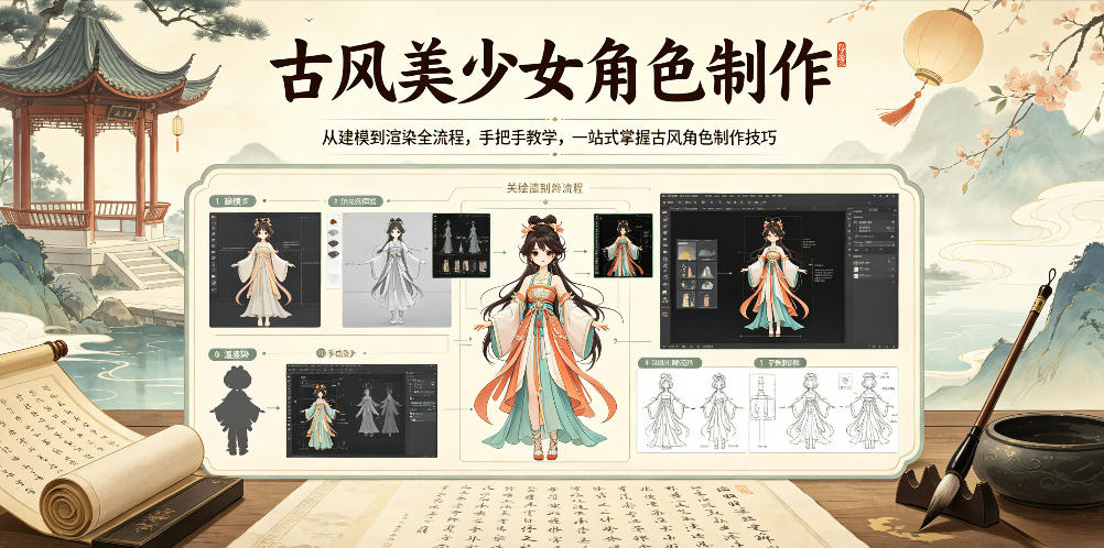 古风美少女角色制作，从建模到渲染全流程，手把手教学，一站式掌握古风角色制作技巧-副业资源网
