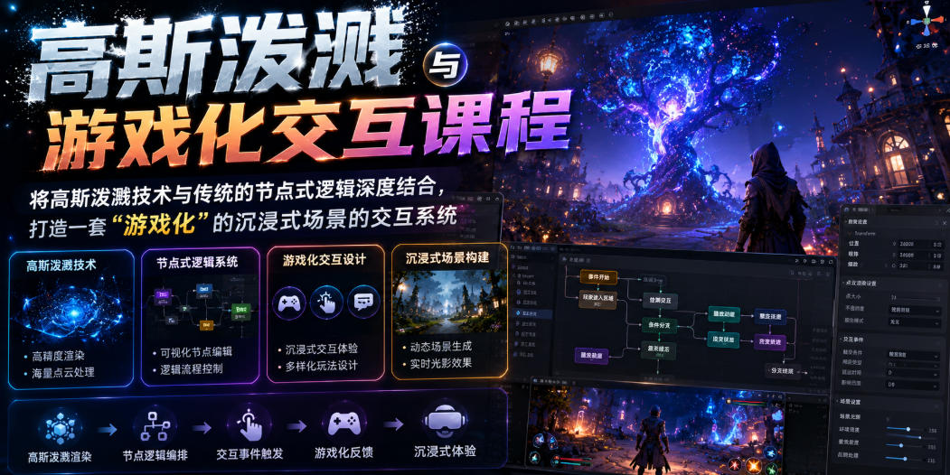 高斯泼溅与游戏化交互课程，将高斯泼溅技术与传统的节点式逻辑深度结合，打造一套“游戏化”的沉浸式场景的交互系统-副业资源网