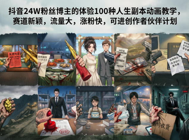 抖音24W粉丝博主的体验100种人生副本动画教学，赛道新颖，流量大，涨粉快，可进创作者伙伴计划-副业资源网