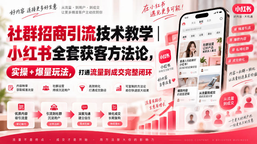 社群招商引流技术教学｜小红书全套获客方法论，实操+爆量玩法，打通流量到成交完整闭环-副业资源网