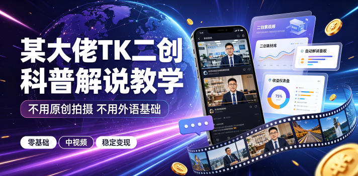 某大佬TK二创科普解说教学，不用原创拍摄不用外语基础，零基础做TikTok中视频稳定变现-副业资源网