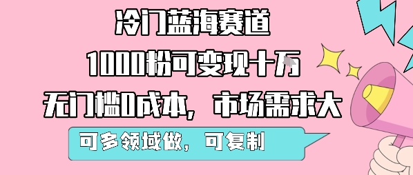 冷门蓝海赛道，1000粉可变现十W，无门槛0成本，市场需求大，可多领域做，可复制性强-副业资源网