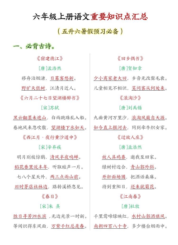 六年级上语文重要知识点汇总-副业资源网