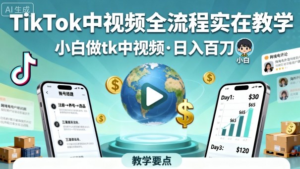 TikTok中视频全流程实操教学，小白做tk中视频，日入百刀-副业资源网