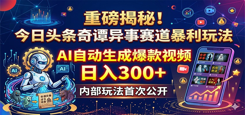 重磅揭秘！今日头条奇谭异事赛道暴利玩法：AI自动生成爆款视频，日入300+-副业资源网