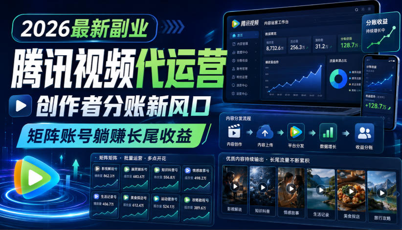2026最新副业之腾讯视频代运营：创作者分账新风口，矩阵账号躺賺长尾收益【揭秘】-副业资源网