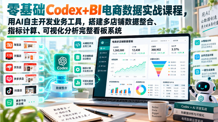 零基础Codex+BI电商数据实战课程,用AI自主开发业务工具,搭建多店铺数据整合、指标计算、可视化分析完整看板系统-副业资源网