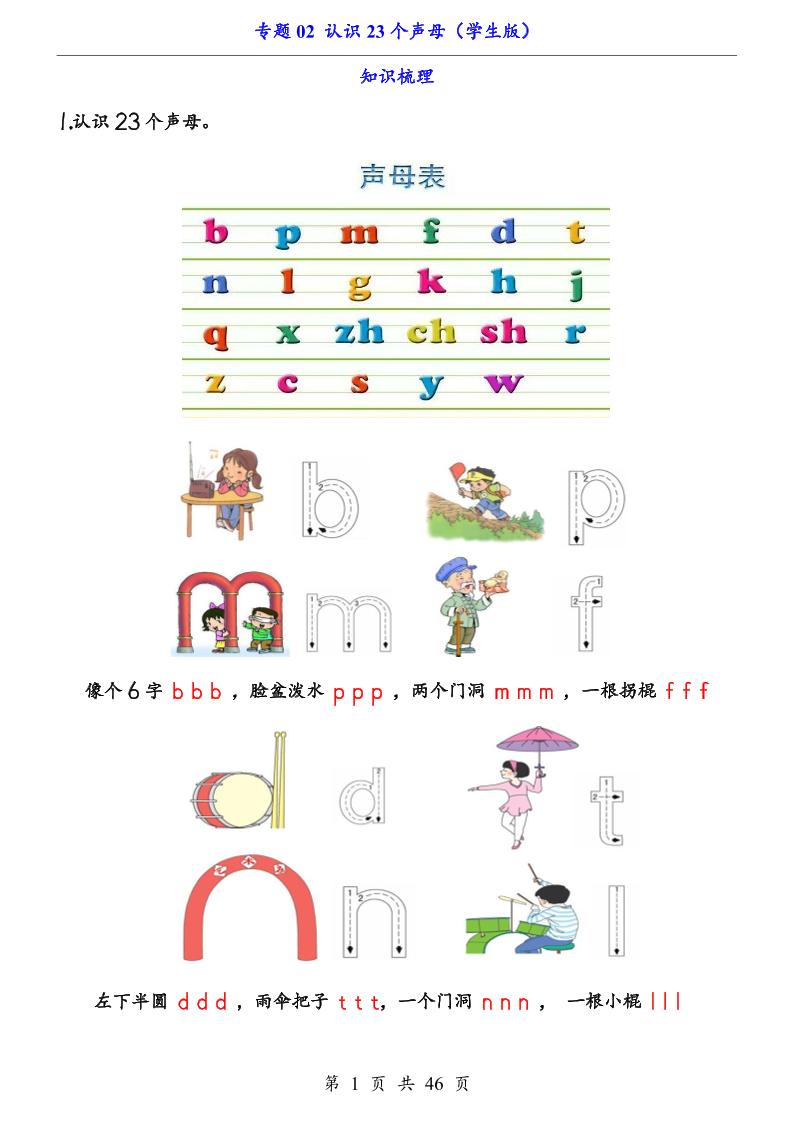 一上语文-专题02认识23个声母（知识+训练）-副业资源网