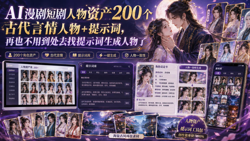 AI漫剧短剧人物资产200个古代言情人物+提示词,再也不用到处去找提示词生成人物了-副业资源网