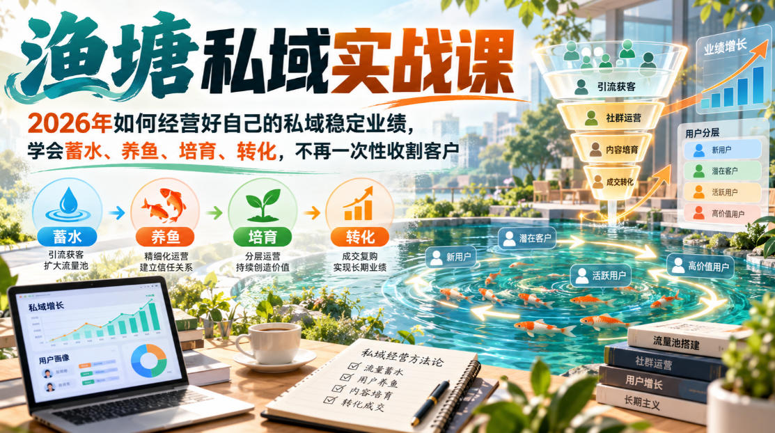 渔塘私域实战课，2026年如何经营好自己的私域稳定业绩，学会蓄水、养鱼、培育、转化，不再一次性收割客户-副业资源网