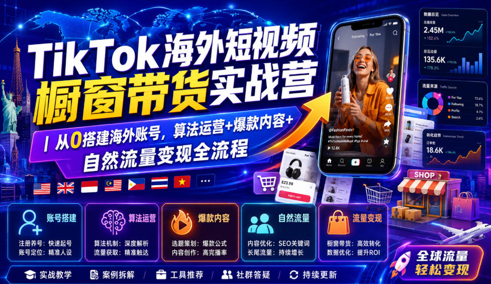 TikTok海外短视频橱窗带货实战营｜从0搭建海外账号，算法运营+爆款内容+自然流量变现全流程-副业资源网