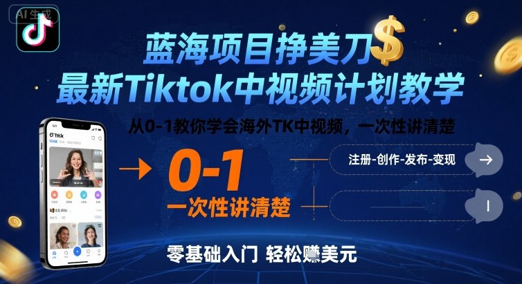 蓝海项目挣美刀，最新Tiktok中视频计划教学，从0-1教你学会海外TK中视频，一次性讲清楚-副业资源网