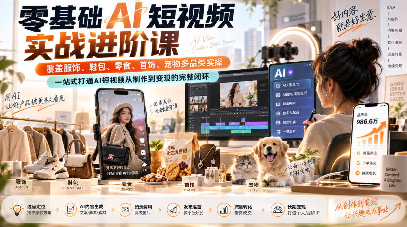 零基础AI短视频实战进阶课，覆盖服饰、鞋包、零食、首饰、宠物多品类实操，一站式打通AI短视频从制作到变现的完整闭环-副业资源网