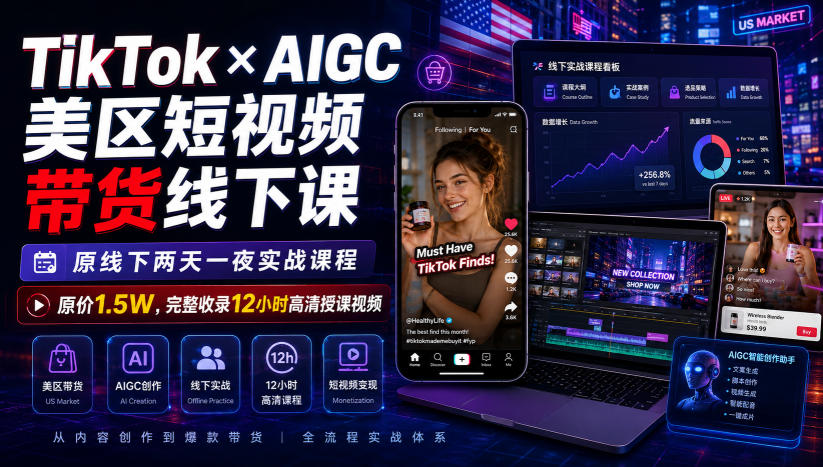 TikTok×AIGC美区短视频带货线下课,原线下两天一夜实战课程,原价1.5W,完整收录12小时高清授课视频-副业资源网