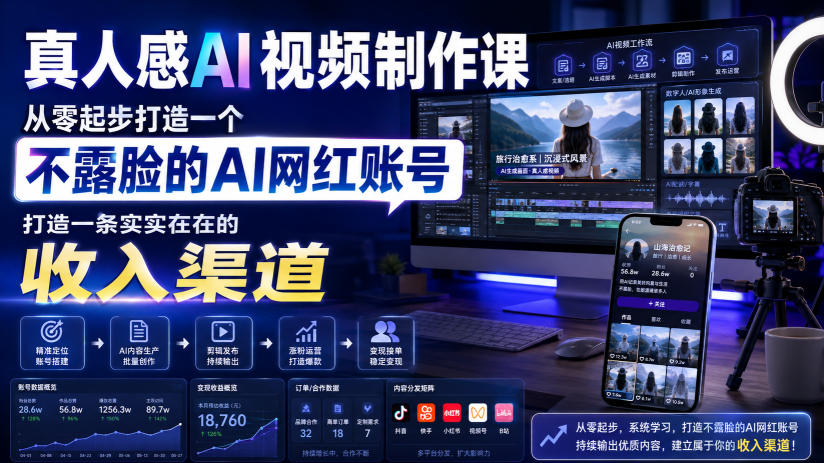 真人感AI视频制作课，从零起步打造一个不露脸的AI网红账号，打造一条实实在在的收入渠道【原创双语字幕】-副业资源网