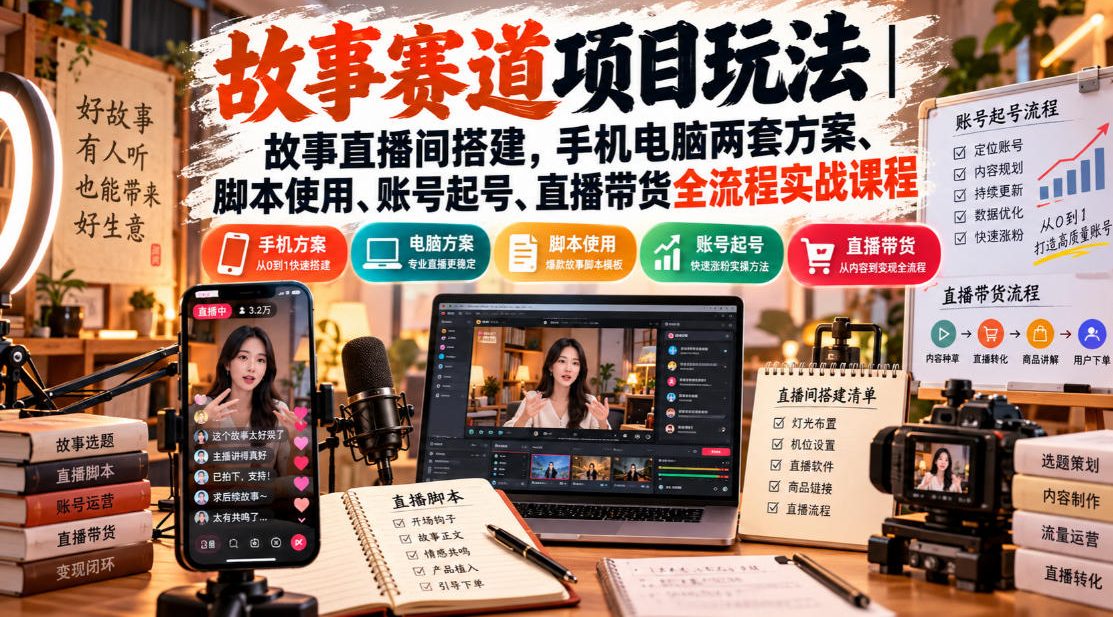 故事赛道项目玩法｜故事直播间搭建，手机电脑两套方案、脚本使用、账号起号、直播带货全流程实战课程-副业资源网