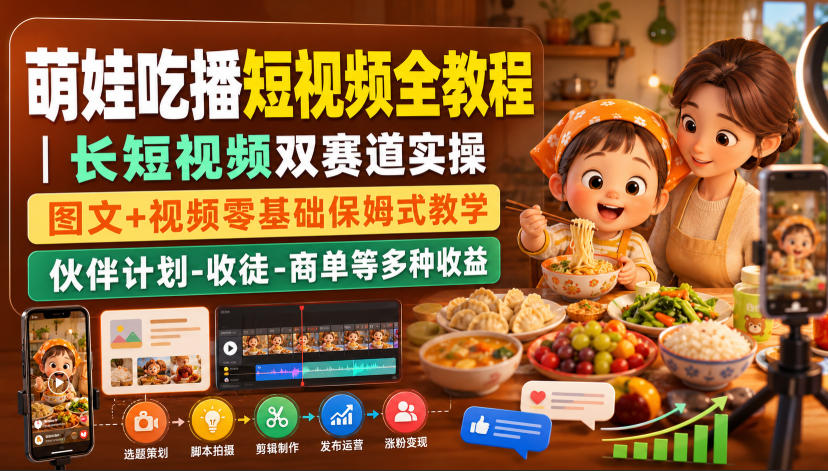 萌娃吃播短视频全教程|长短视频双赛道实操,图文+视频零基础保姆式教学,伙伴计划-收徒-商单等多种变现方式-副业资源网