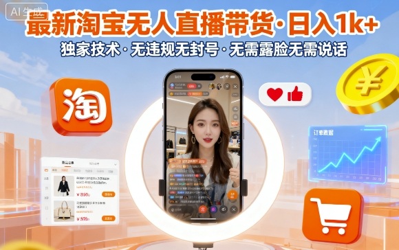 最新淘宝无人直播带货，日入1k+，独家技术，无违规无封号，无需露脸无需说话【揭秘】-副业资源网