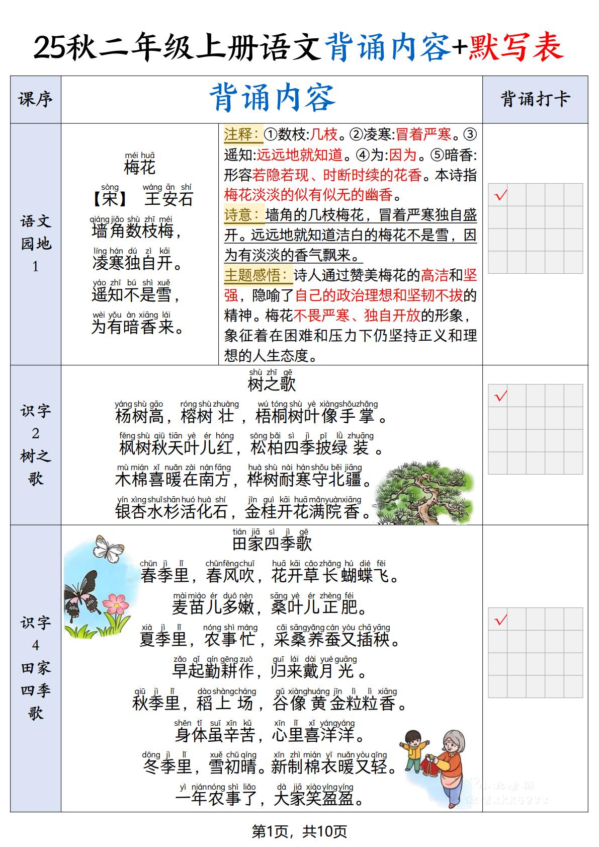 25秋二上语文暑假背诵内容+默写表（10页）-副业资源网