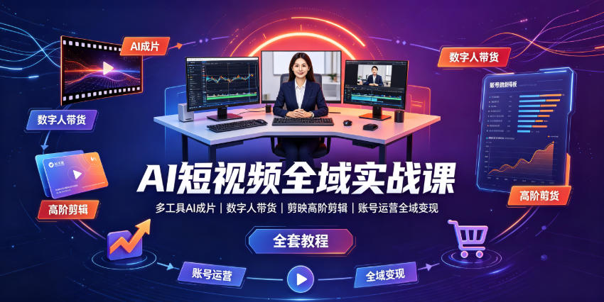 AI短视频全域实战课｜多工具AI成片、数字人带货、剪映高阶剪辑、账号运营全域变现全套教程-副业资源网