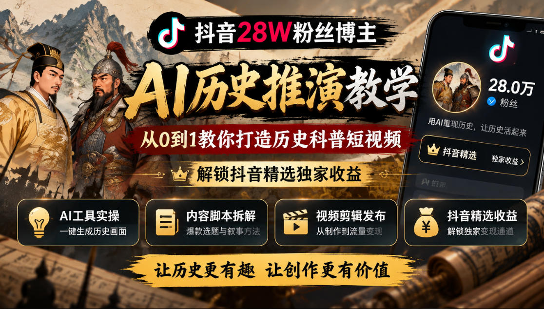 抖音28W粉丝博主的AI历史推演教学，从0到1教你打造历史科普短视频，解锁抖音精选独家收益-副业资源网
