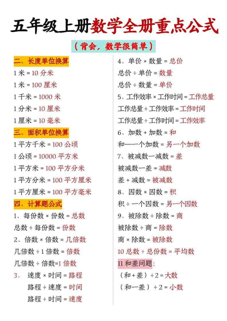 五年级上数学全册重点公式