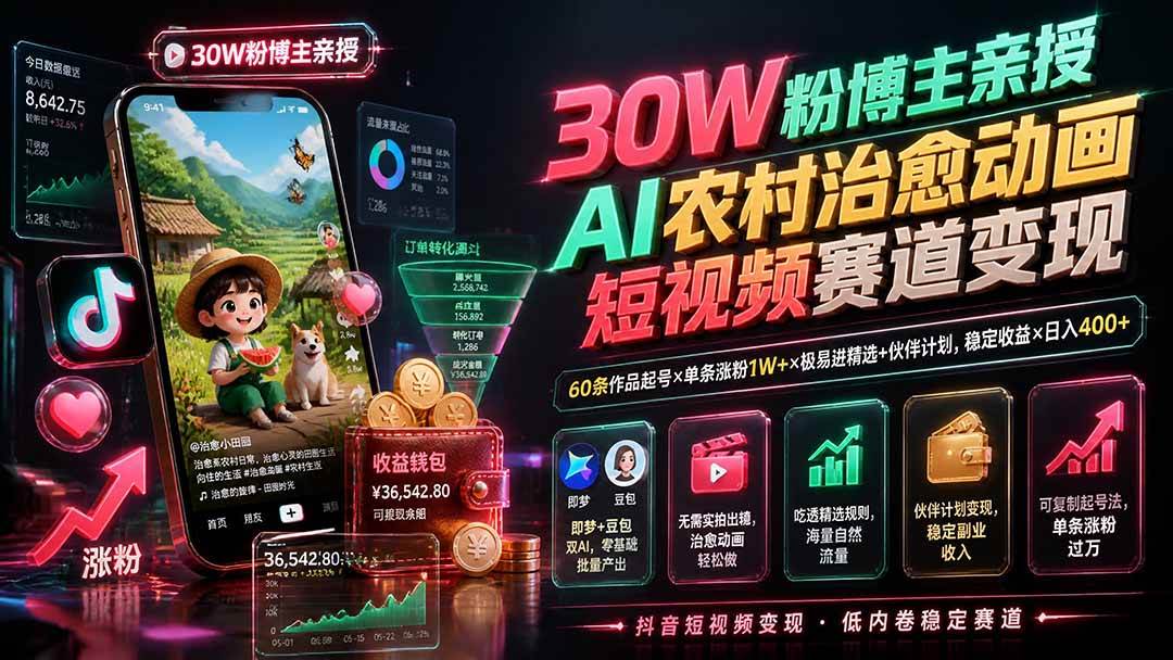 (19648期)30W粉博主亲授AI农村治愈动画短视频赛道变现:60条作品起号×单条涨粉1W+×极易进精选+伙伴计划,稳定收益×日入400+-副业资源网