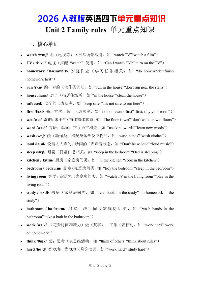 四年级下英语Unit2重点知识汇总《人教版PEP》-副业资源网