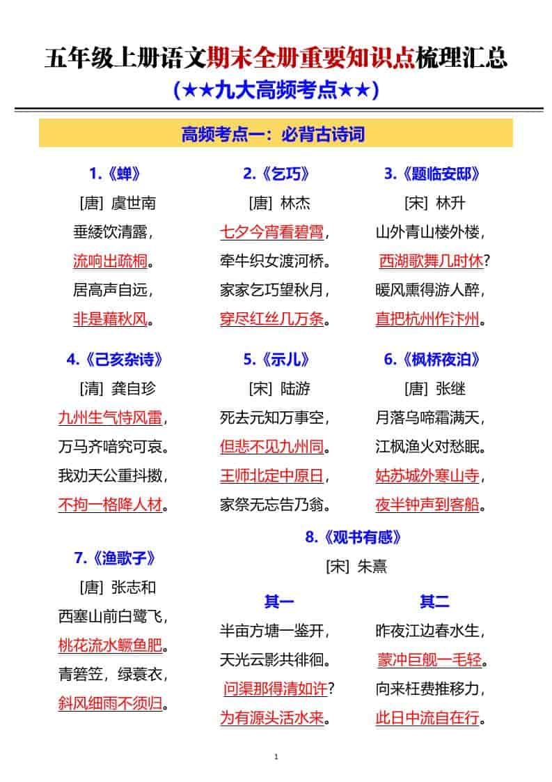 G五年级上册语文期末全册重要知识点梳理汇总-副业资源网