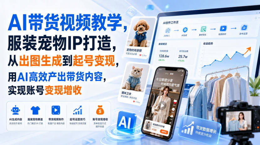 AI带货视频教学，服装宠物IP打造，从出图生成到起号变现，用AI高效产出带货内容，实现账号变现增收-副业资源网