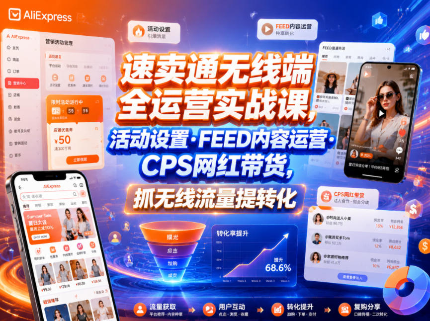 速卖通无线端全运营实战课,活动设置・FEED内容运营・CPS网红带货,抓无线流量提转化-副业资源网