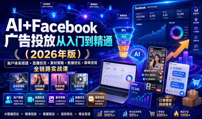 AI+Facebook广告投放从入门到精通(2026年版)|账户体系搭建・直播投流・素材策略・数据优化・聊单变现全链路实战课-副业资源网